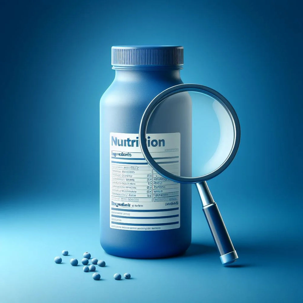  A nutrition shake bottle with a magnifying glass zoomed in on the ingredients in a clean and minimalist style on a royal blue background.