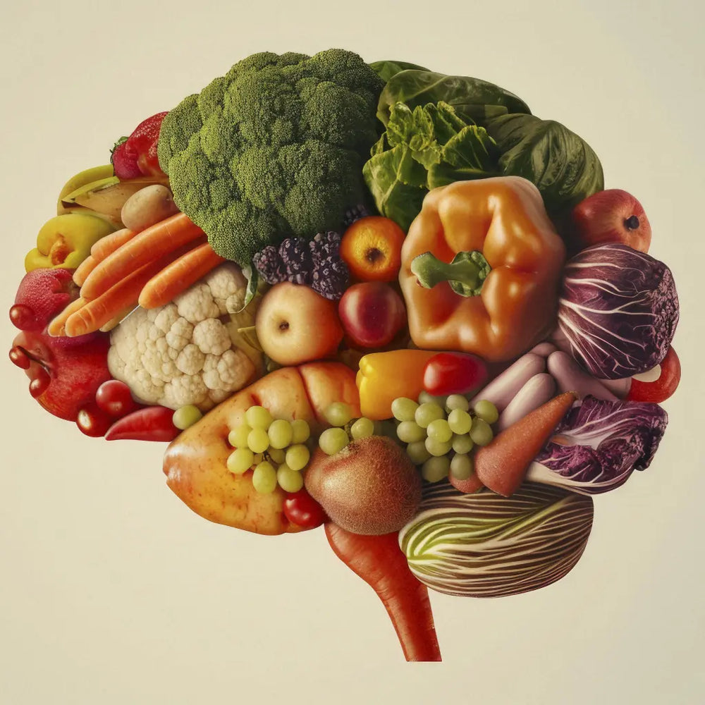 a picture of fruits and vegetables in the shape of brain to highlight the effects of diet on mental wellbeing