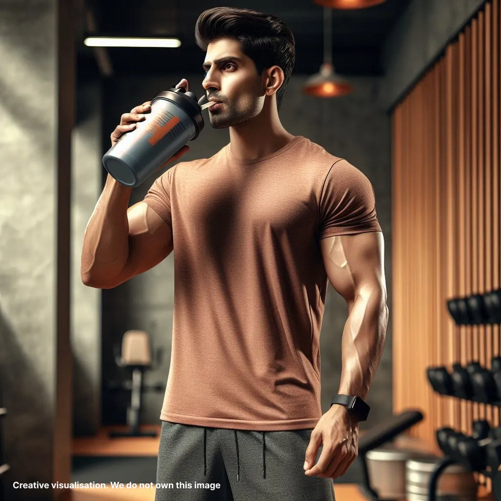 An Indian man in gym attire, wearing a t-shirt and shorts, drinking a protein shake against a royal blue background in an Indian gym setting.